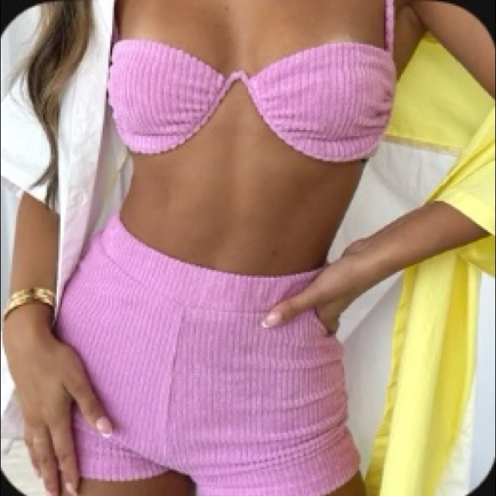 White fox bathing suit top and shorts.